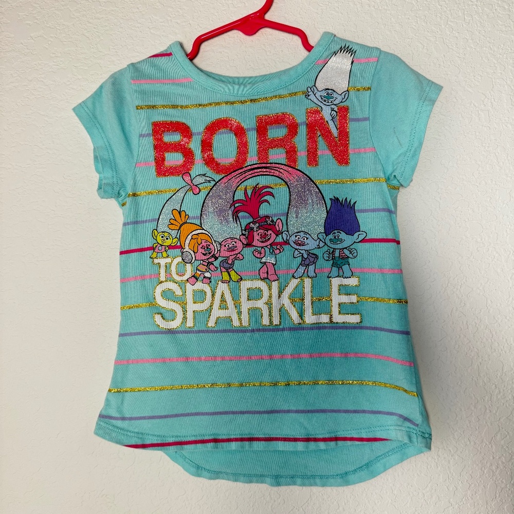 Girls Graphic T-Shirt Trolls Born to Sparkle in Light Blue with Glitter, Size 6,